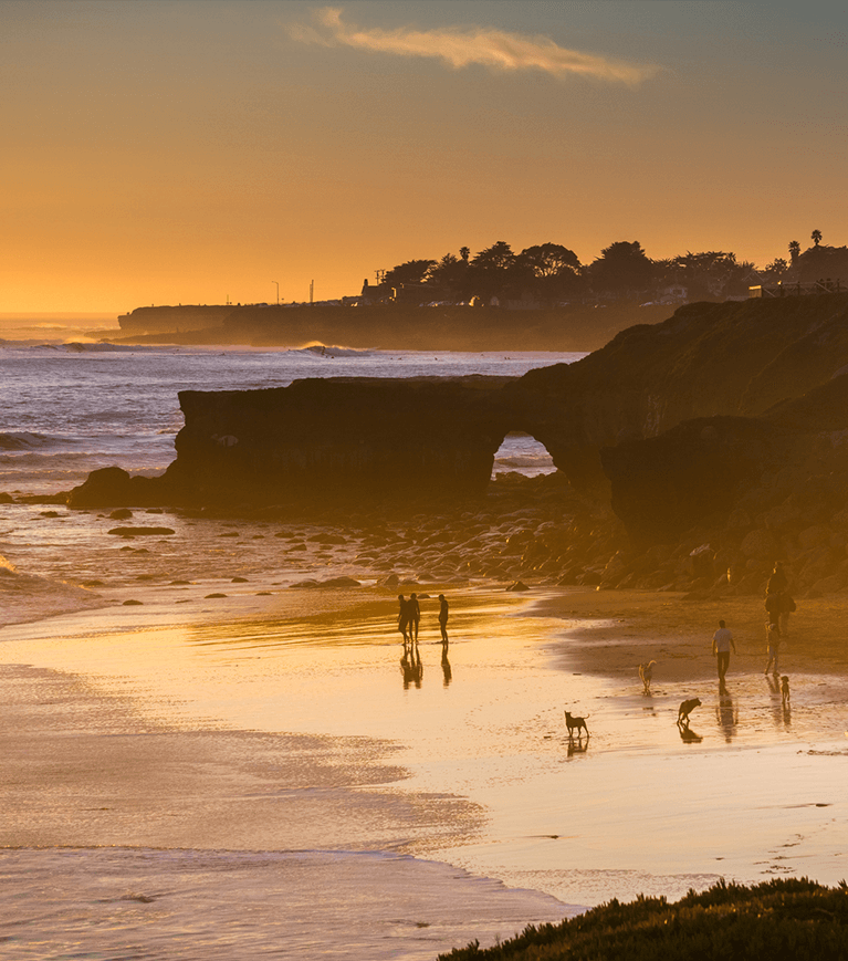 Beach cove with wave washing in at sunset bathed in orange light